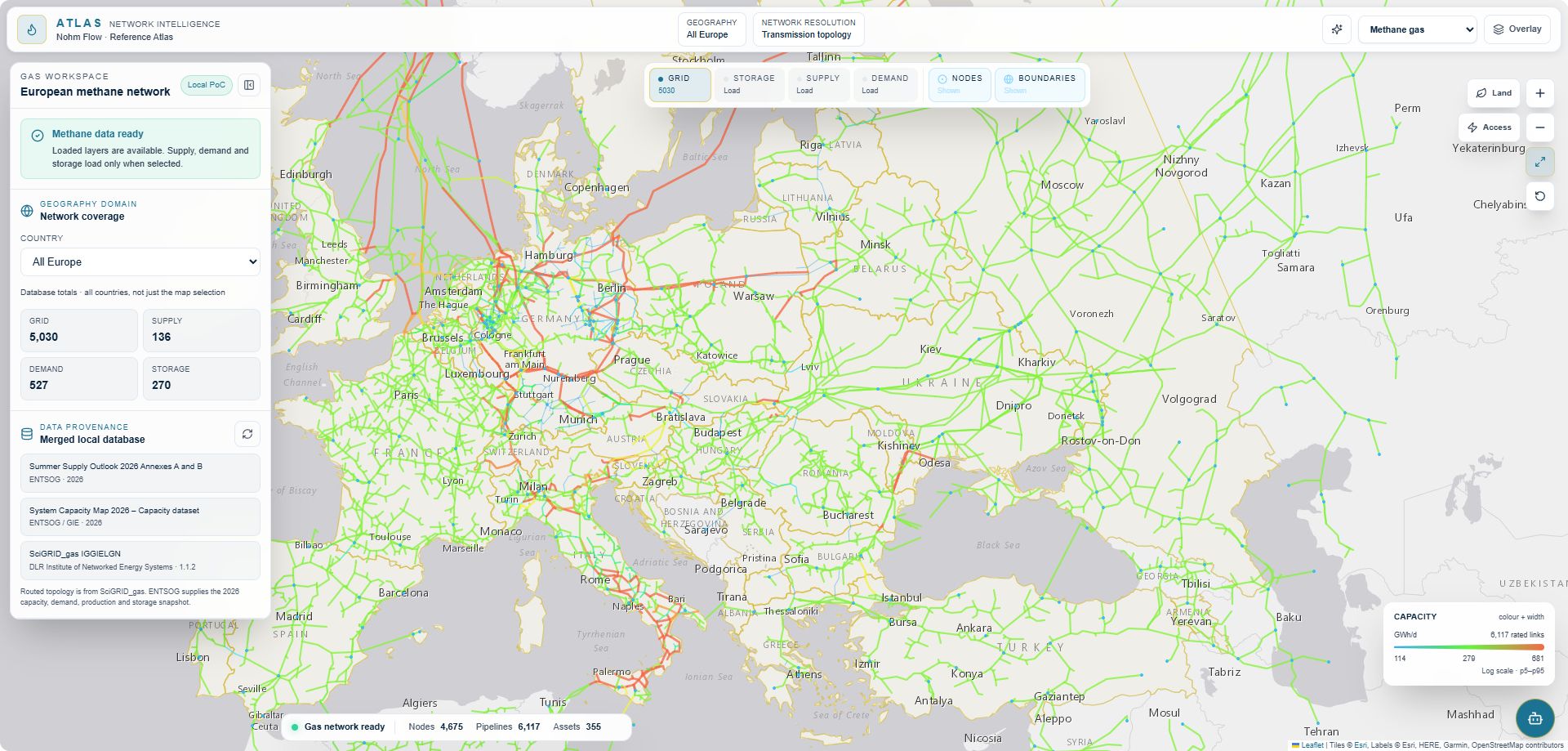 Current Nohm Atlas methane network view across Europe, with network and provenance controls